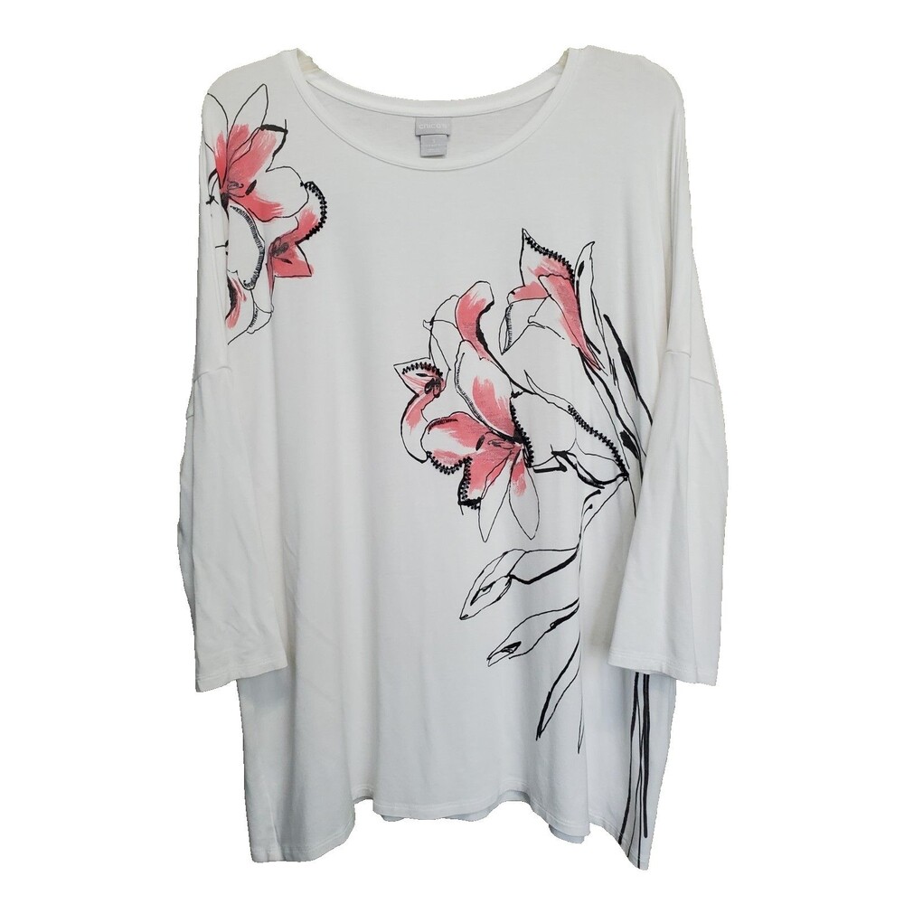 Chico's White Jersey Knit Floral Beaded Studded Drop Shoulder Tunic Size 3 (XL)